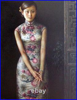 Oil painting beautiful Chinese girl wearing a cheongsam standing canvas