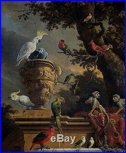 Oil painting beautiful singing birds Macaw parrots and monkeys in dusk landscape