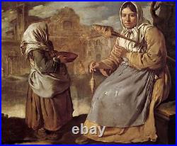 Oil painting handpainted on canvas Little Beggar Girl and Woman Spinning@N4890