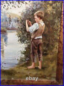 Oil painting on canvas, framed, a boy fishing, hand painted