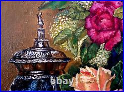 Oil painting on canvas hand painted (two vases with red and white flowers)