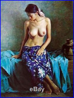 Oil painting portrait nice nude naked Chinese young girl sitting Hand painted