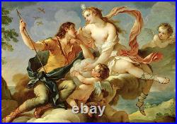 Oil painting romantic young lovers Venus Mars and angels playing Hand painted