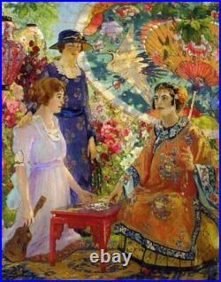 Oil painting three young lady woman flowers Fortune-Teller-Colin-Campbell-Cooper