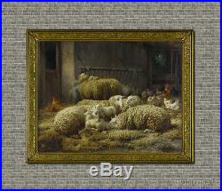 Old Master Art Antique Animal Sheep Chicken Farm Oil Painting Unframed 30x40 in