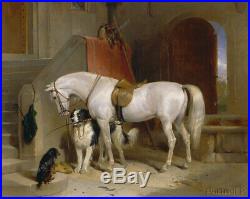 Old Master Art Antique Oil Painting Portrait Horse Dog on Canvas Animal 30X40