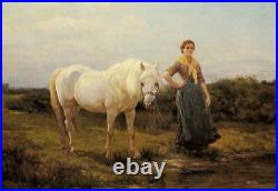 Old Master-Art Antique Oil Painting Portrait girl horse on canvas 24x36