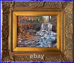 Original Impressionist Oil Painting Waterfall in Autumn Ornate Gold Frame