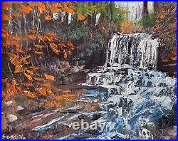 Original Impressionist Oil Painting Waterfall in Autumn Ornate Gold Frame