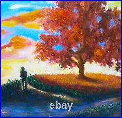 Original Oil Painting Canvas 16? 20 Tree and Person Sunset landscape Wall Art