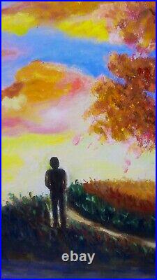 Original Oil Painting Canvas 16? 20 Tree and Person Sunset landscape Wall Art