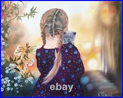 Original Oil Painting Girl Baby Cat Landscape Art People Hand Painted 20x16