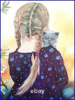 Original Oil Painting Girl Baby Cat Landscape Art People Hand Painted 20x16