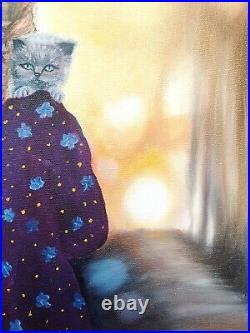 Original Oil Painting Girl Baby Cat Landscape Art People Hand Painted 20x16