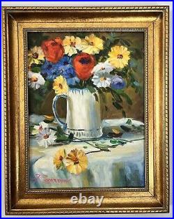 Original Oil Painting Impressionist Flowers in Vase Ornate Modern Gold Frame