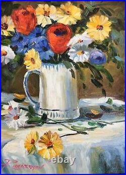 Original Oil Painting Impressionist Flowers in Vase Ornate Modern Gold Frame