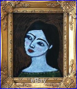 Original Oil Pastel painting Spanish Lady Girl Face Dark Hair Portrait framed