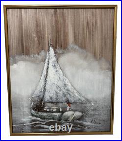 Original Vintage Nautical Painting Oil on Canvas Signed Sail Boat