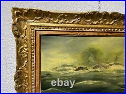 Original Vintage Oil painting on canvas panel, seascape, signed Hall, Gold Frame
