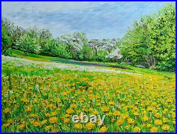 Original oil painting on canvas Landscape Blooming Yellow Dandelions Spring Art