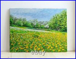 Original oil painting on canvas Landscape Blooming Yellow Dandelions Spring Art