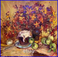 Original oil painting on canvas still life with honey and apples