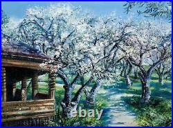 Original painting Spring garden, flowering trees art, oil on canvas spring
