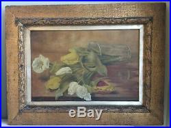 PAIR Antique Oil on Canvas Still Life Paintings Framed Flowers By S E HUGHES p24