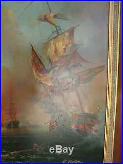 Painting Naval Battle of Sailing Ships By H. Parker Large 48 by 36 + Frame