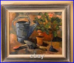 Painting Pot of Flowers and Garden Instruments Oil on Canvas by Barbara Austin