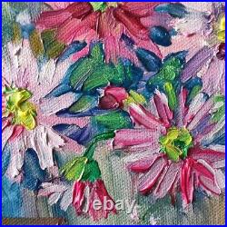 Pink Daisies. Original oil painting, 6x6''. Cottage core art. Tiny oil painting