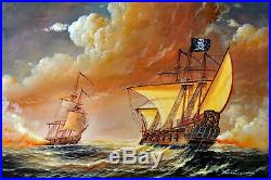 Pirate Ship Caribbean Sea 1800's Cannon Battle 24X36 Oil Painting STRETCHED
