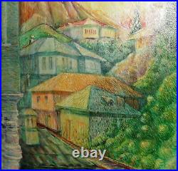 Post impressionist landscape oil painting mountain village signed