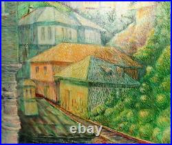 Post impressionist landscape oil painting mountain village signed