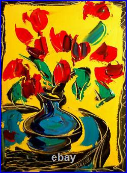 RED FLOWERS ON YELLOW Pop Art Painting Original Oil Canvas Gallery Artist NR