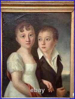 Rare 19thC Antique oil painting Portrait Children in blue eyes French Romantism