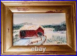 Rare Vintage Oil Painting Signed'KAMINSKI' 5X7 Unframed Bridge Snow Ooak