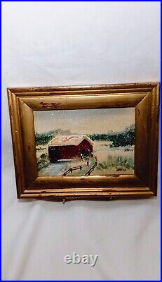 Rare Vintage Oil Painting Signed'KAMINSKI' 5X7 Unframed Bridge Snow Ooak