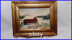 Rare Vintage Oil Painting Signed'KAMINSKI' 5X7 Unframed Bridge Snow Ooak