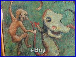Rare Vintage P. M Van Zwoll Goblin Devil Fairy Tale Oil Painting 1930's Dr Seuss