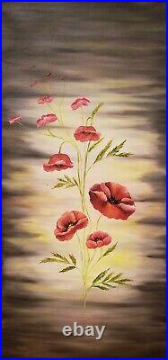 Red poppy flowers oil painting 24 x 12