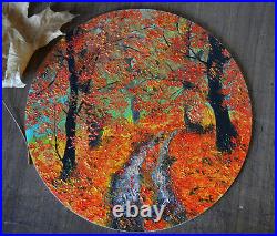 Round Oil Painting Autumn Landscape Original Art Yellow Forest 12 in diameter