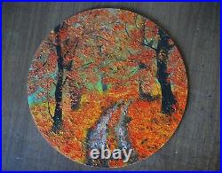 Round Oil Painting Autumn Landscape Original Art Yellow Forest 12 in diameter