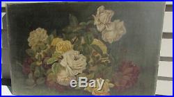 STUNNING ANTIQUE PAINTING 1800s Victorian Roses oil on canvas