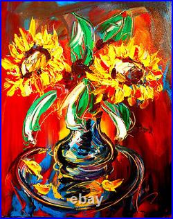 SUNFLOWERS Painting Original Oil STRETCHED Canvas, Gallery Artist DECOR WALL