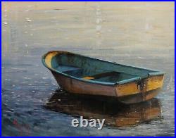 Seascape art oil painting boat reflection original by artist 11x14