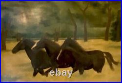 Signed Origonal Oil Painting on Canvas' Wild Horses' Wood Frame 48x36