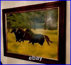 Signed Origonal Oil Painting on Canvas' Wild Horses' Wood Frame 48x36