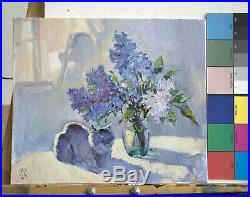 Still life with lilac woman cat by S. AVDEEV RUSSIAN Original oil Painting