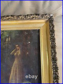 Stunning Antique Female At Mirror Scene Oil Painting Framed